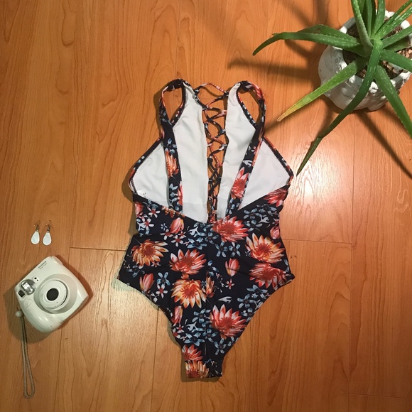 Floral Lace up One Piece Swim Suit - Picture 3 of 4